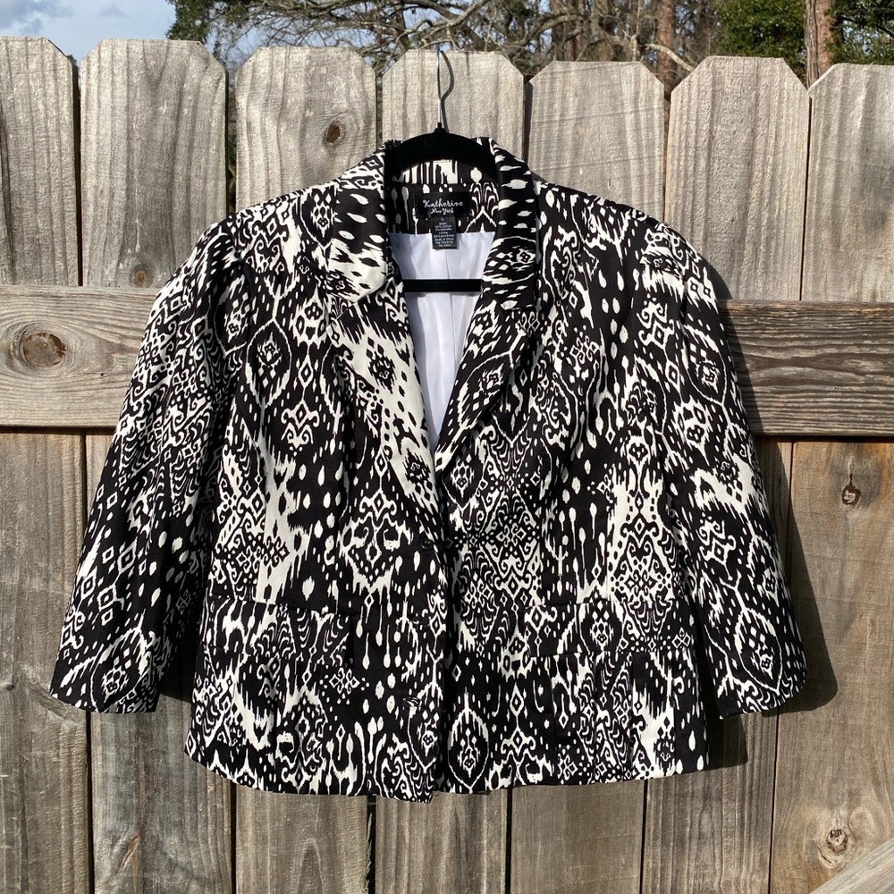 Katherine New York Black and White Women's Summer blazer crop sleeve - Sz L - Picture 2 of 11